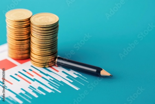 Close-up of stacked coins next to a pencil on financial charts. Represents investment, savings, and analysis concepts in finance.