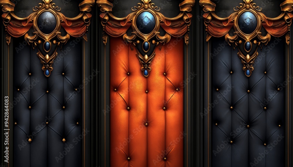 Ornate Upholstery Panels with Gold Accents and Blue Gemstones Ornate Upholstery Panels with Gold Accents and Blue Gemstones