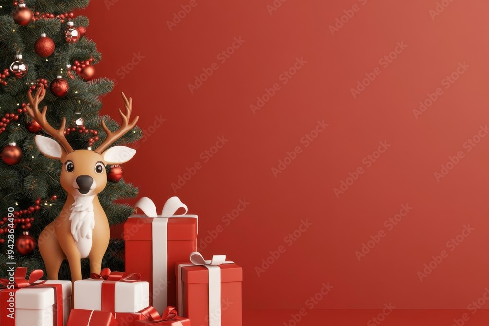 Playful reindeer with wrapped presents, under a decorated Christmas tree, 3D illustration Playful reindeer with wrapped presents, under a decorated Christmas tree, 3D illustration