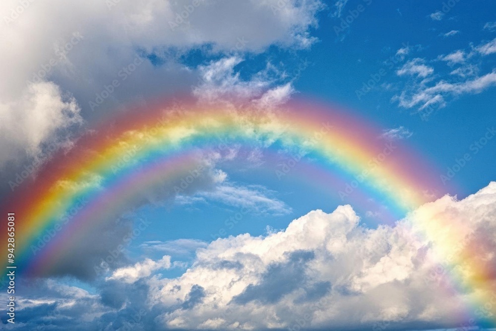 Rainbow arching across a cloudy sky after a rainstorm, colorful weather phenomenon Rainbow arching across a cloudy sky after a rainstorm, colorful weather phenomenon