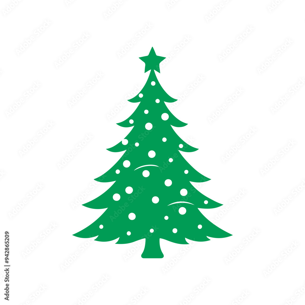 Fototapeta premium Cartoon abstract christmas tree with stars and balls vector, Christmas Tree Color Flat Icon, merry xmas celebration happy new year decoration vector illustration.