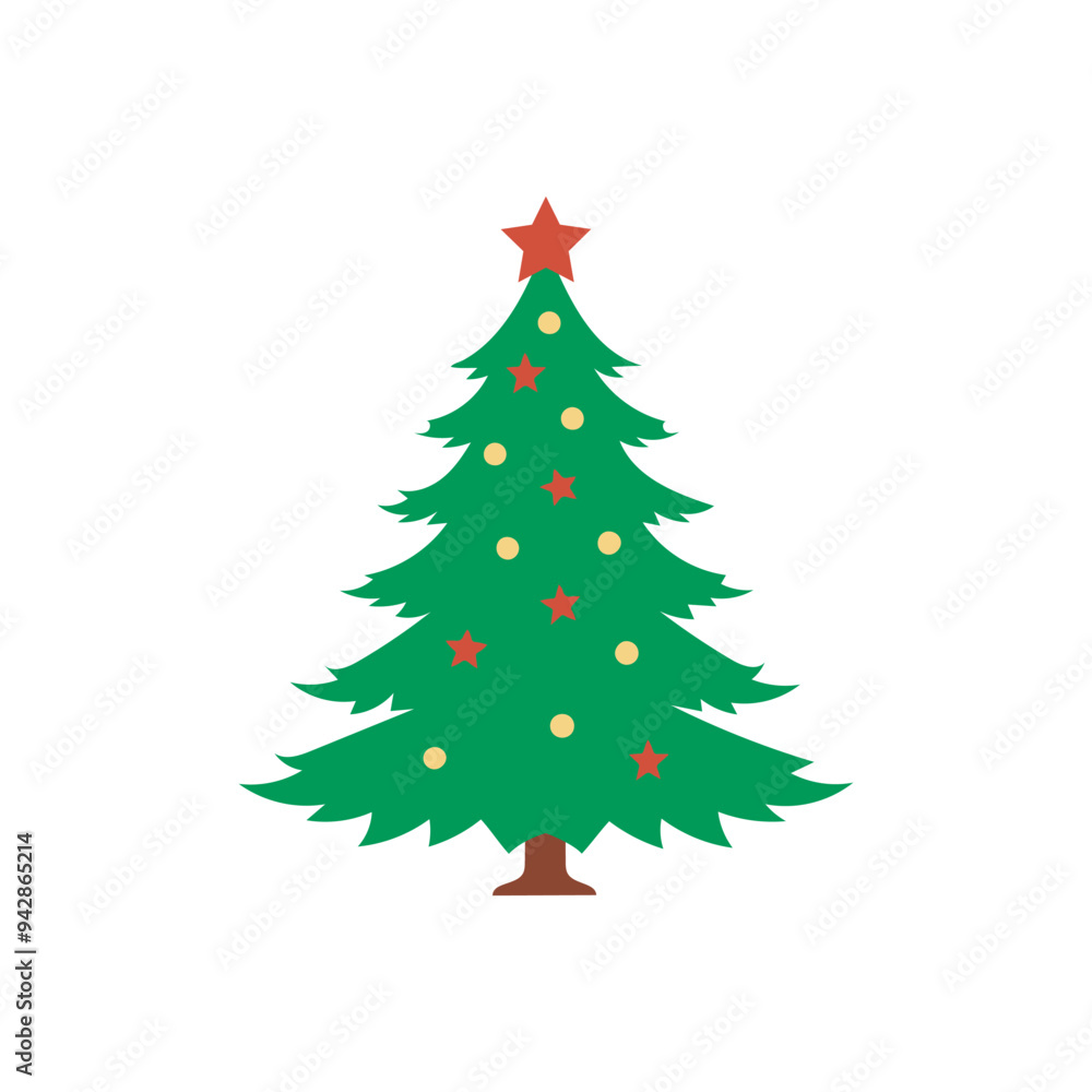 Cartoon abstract christmas tree with stars and balls vector, Christmas Tree Color Flat Icon, merry xmas celebration happy new year decoration vector illustration. Cartoon abstract christmas tree with stars and balls vector, Christmas Tree Color Flat Icon, merry xmas celebration happy new year decoration vector illustration.