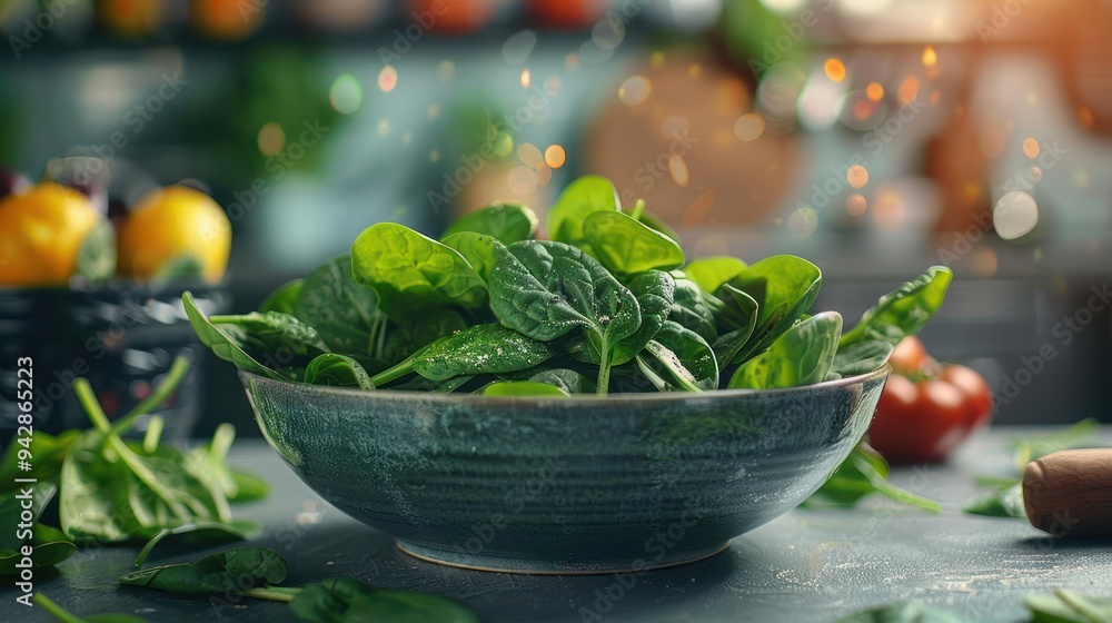 a bowl full of spinach sitting on top of a table a bowl full of spinach sitting on top of a table