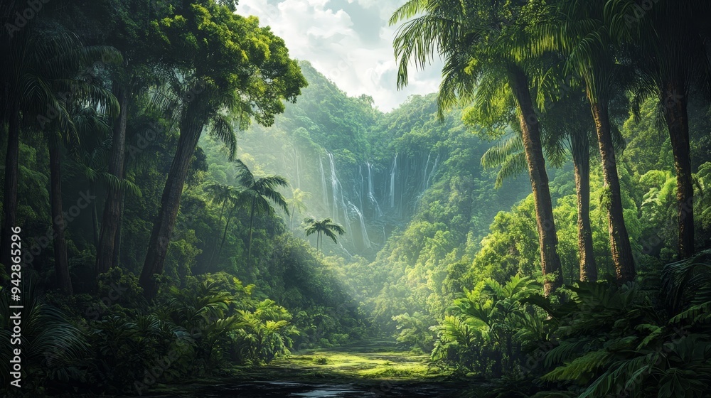A lush tropical rain forest, where towering trees form a dense canopy. A lush tropical rain forest, where towering trees form a dense canopy.