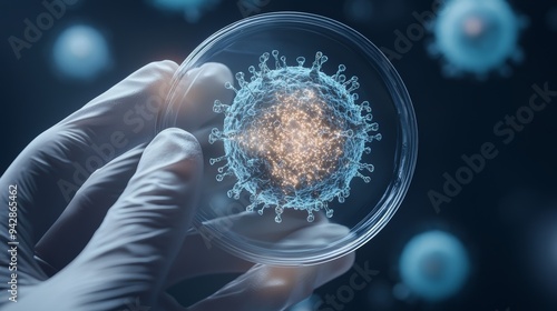 A close-up view of a virus under a microscope held in a petri dish, highlighting its structure and scientific research significance.