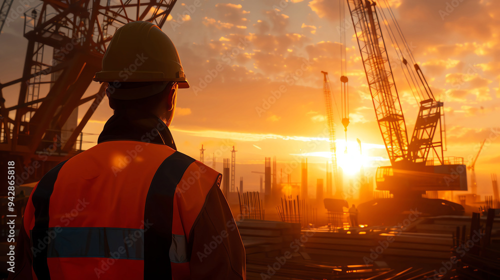 Urban construction site with cranes and workers Urban construction site with cranes and workers