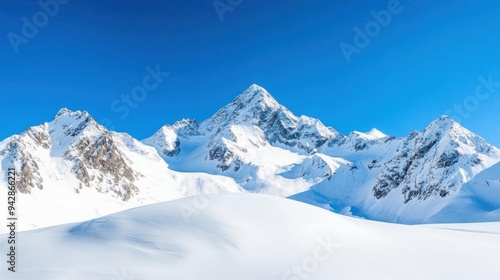 Snow-capped mountains under a clear blue sky, winter weather, cold and majestic