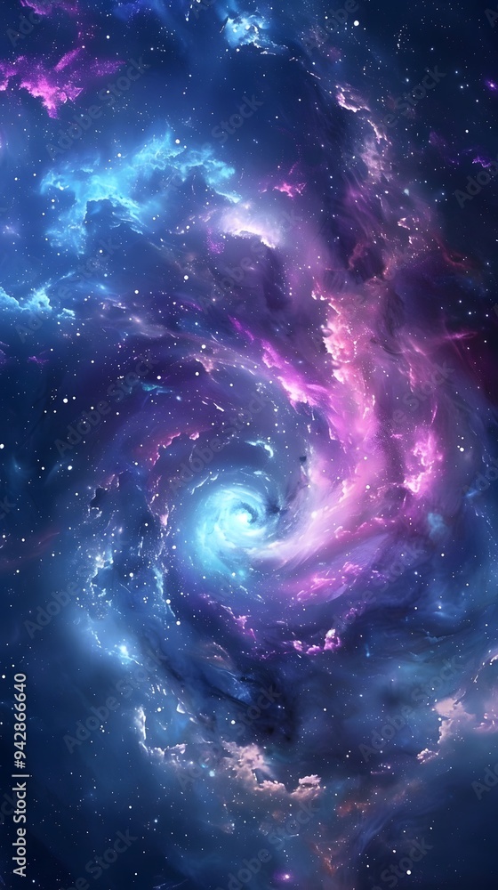 A swirling galaxy background with blue, purple, and pink colors, and a black space in the center of the swirling stars A swirling galaxy background with blue, purple, and pink colors, and a black space in the center of the swirling stars