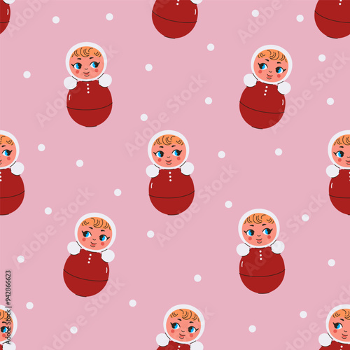 Seamless pattern of cute soviet tumbler dolls. Vector graphics.
