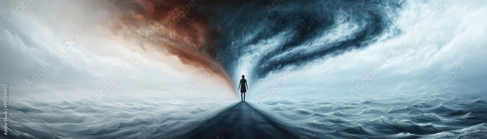 A lone figure stands at the intersection of dark and light, symbolizing choices, duality, and the journey of life. A lone figure stands at the intersection of dark and light, symbolizing choices, duality, and the journey of life.