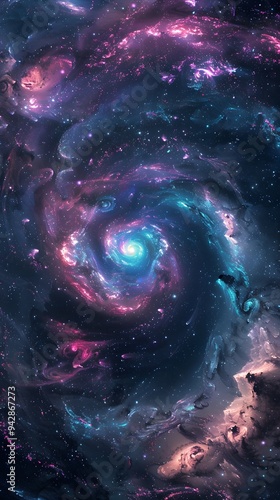 A swirling galaxy background with blue, purple, and pink colors, and a black space in the center of the swirling stars photo