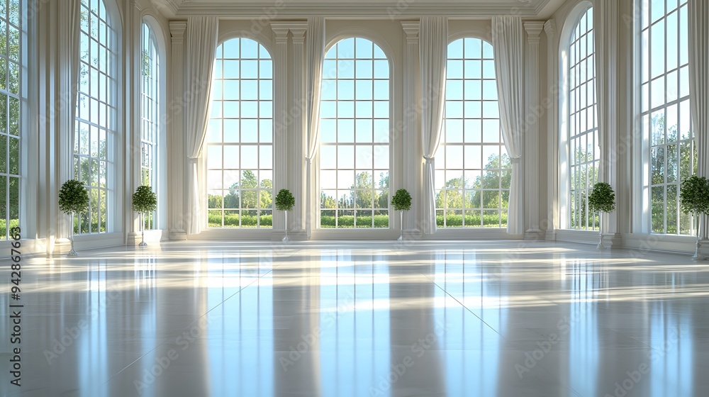Elegant Empty Event Hall with Tall Windows, Glossy Reflective Surfaces, and Neutral Palette for Formal Gatherings Elegant Empty Event Hall with Tall Windows, Glossy Reflective Surfaces, and Neutral Palette for Formal Gatherings