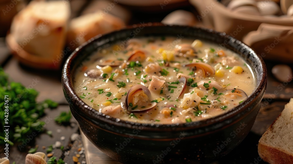 a bowl of clam chowee next to a slice of bread a bowl of clam chowee next to a slice of bread