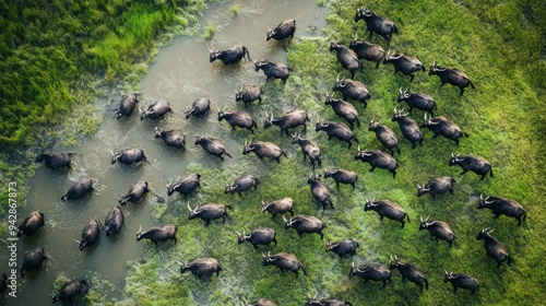 Aerial View of a Herd of Water Buffalo in a Lush Green Wetland photo