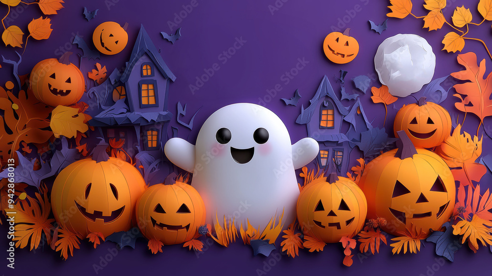 A happy ghost is surrounded by smiling jack-o'-lanterns, bats, and Halloween houses, creating a cheerful and festive Halloween scene. A happy ghost is surrounded by smiling jack-o'-lanterns, bats, and Halloween houses, creating a cheerful and festive Halloween scene.