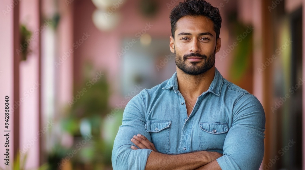 A man with a beard and a blue shirt is standing in front of a pink wall A man with a beard and a blue shirt is standing in front of a pink wall