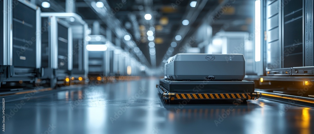 Automated Robot Cleaner in Futuristic Warehouse Automated Robot Cleaner in Futuristic Warehouse