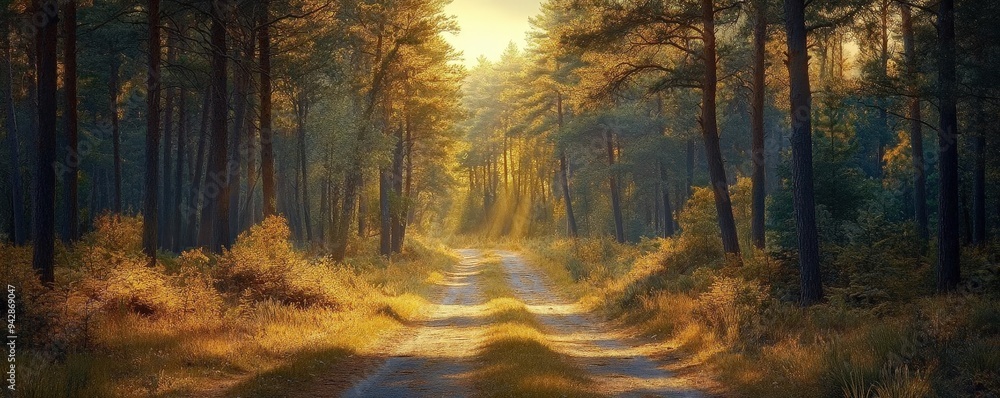 Fototapeta premium Sunlight filtering through pine trees onto a quiet forest road, tranquil and scenic