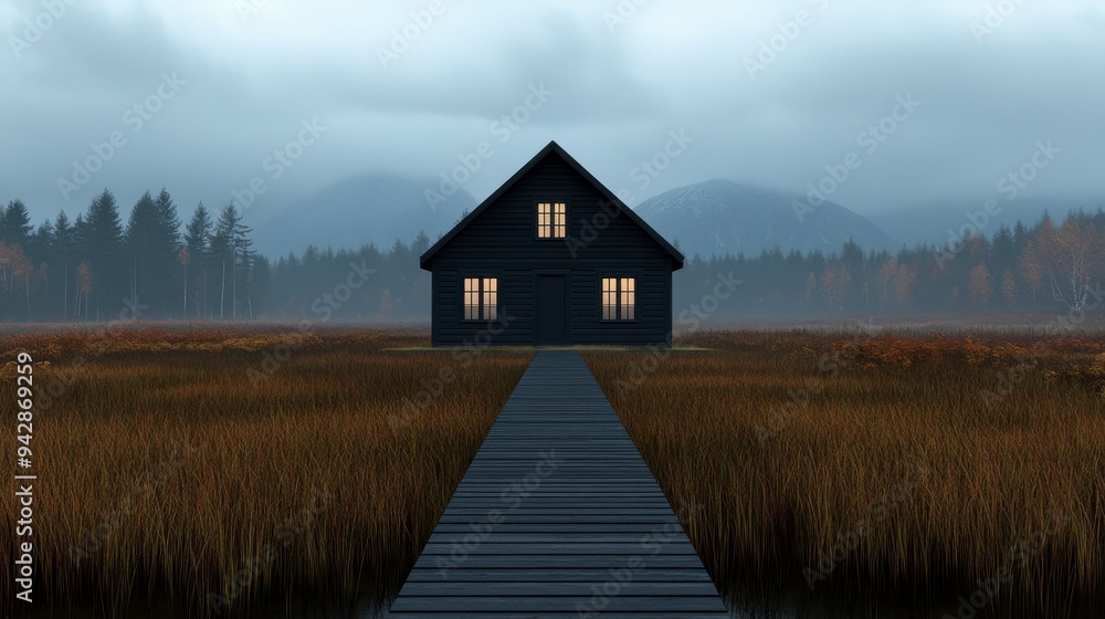 A serene house stands in a foggy landscape, surrounded by calm waters and distant mountains, inviting tranquility and solitude. A serene house stands in a foggy landscape, surrounded by calm waters and distant mountains, inviting tranquility and solitude.
