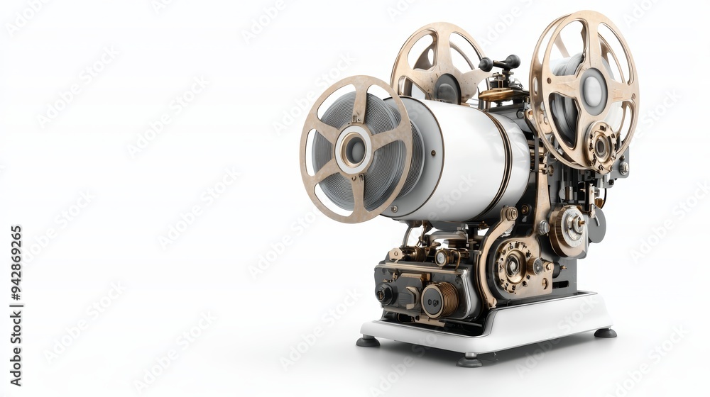 Obraz premium Vintage film projector showcasing intricate mechanical design and retro style, perfect for cinema history enthusiasts.