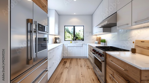 Modern kitchen with stainless steel appliances, wooden accents, and bright natural light, perfect for home cooking and design inspiration.