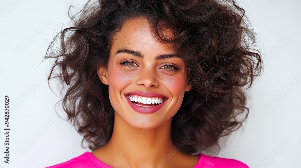 A woman with curly hair and a pink shirt is smiling and looking at the camera. She has a pink lip gloss on and her teeth are visible A woman with curly hair and a pink shirt is smiling and looking at the camera. She has a pink lip gloss on and her teeth are visible