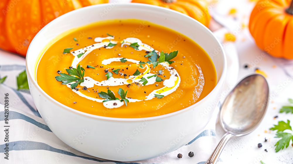 Bowl of pumpkin soup garnished with cream and parsley vibrant vegetable dish with seasonal decorations Bowl of pumpkin soup garnished with cream and parsley vibrant vegetable dish with seasonal decorations