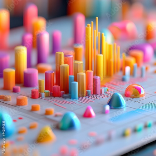 3D Illustrator about charts, statistics, stocks, marketing, cute style, pastel color tones.