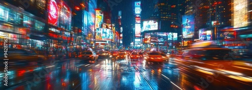 Nighttime Cityscape with Blurred Lights and Rain