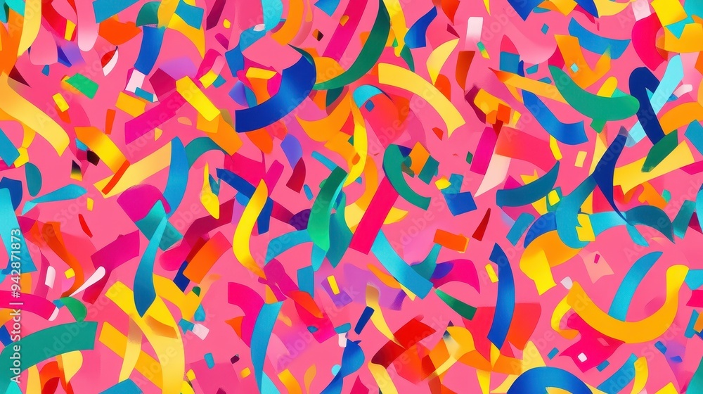 seamless pattern, A vibrant and colorful background filled with swirling ribbons and shapes on a pink surface, perfect for festive designs. seamless pattern, A vibrant and colorful background filled with swirling ribbons and shapes on a pink surface, perfect for festive designs.