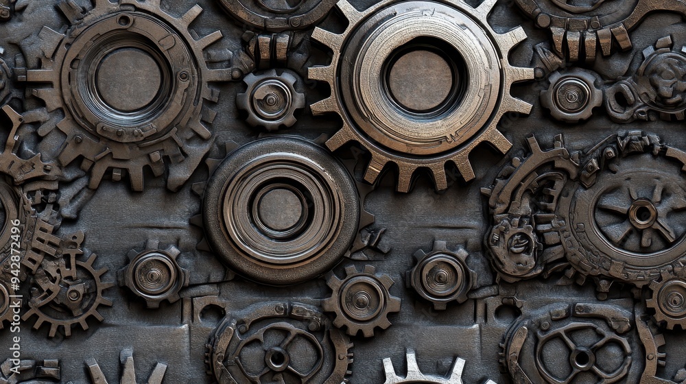 seamless pattern, Close-up of intricate metal gears showcasing industrial design, perfect for technology or engineering themes. seamless pattern, Close-up of intricate metal gears showcasing industrial design, perfect for technology or engineering themes.
