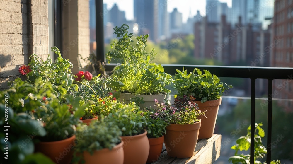 Various potted plants and herbs create a lush urban garden on a balcony, overlooking a city skyline bathed in warm sunlight during summer Various potted plants and herbs create a lush urban garden on a balcony, overlooking a city skyline bathed in warm sunlight during summer