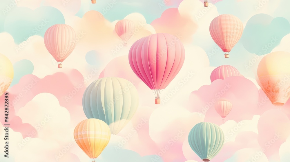 seamless pattern, Colorful hot air balloons drift peacefully among soft pastel clouds, creating a serene and dreamy sky view. seamless pattern, Colorful hot air balloons drift peacefully among soft pastel clouds, creating a serene and dreamy sky view.