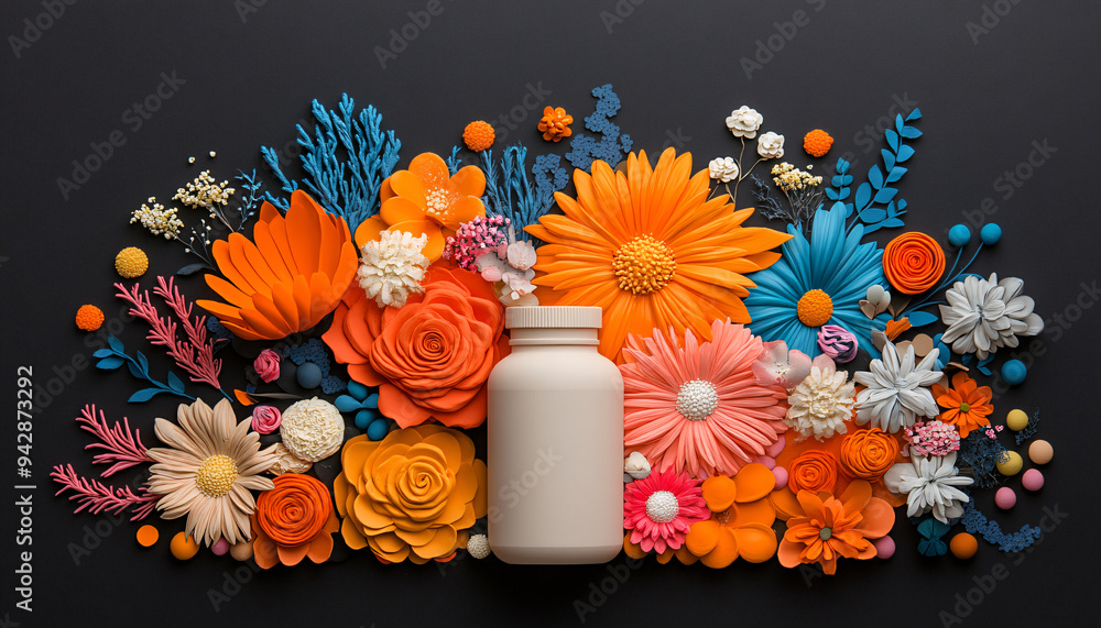 A beautiful arrangement of vibrant flowers surrounding a neutral bottle, perfect for wellness and beauty concepts. A beautiful arrangement of vibrant flowers surrounding a neutral bottle, perfect for wellness and beauty concepts.