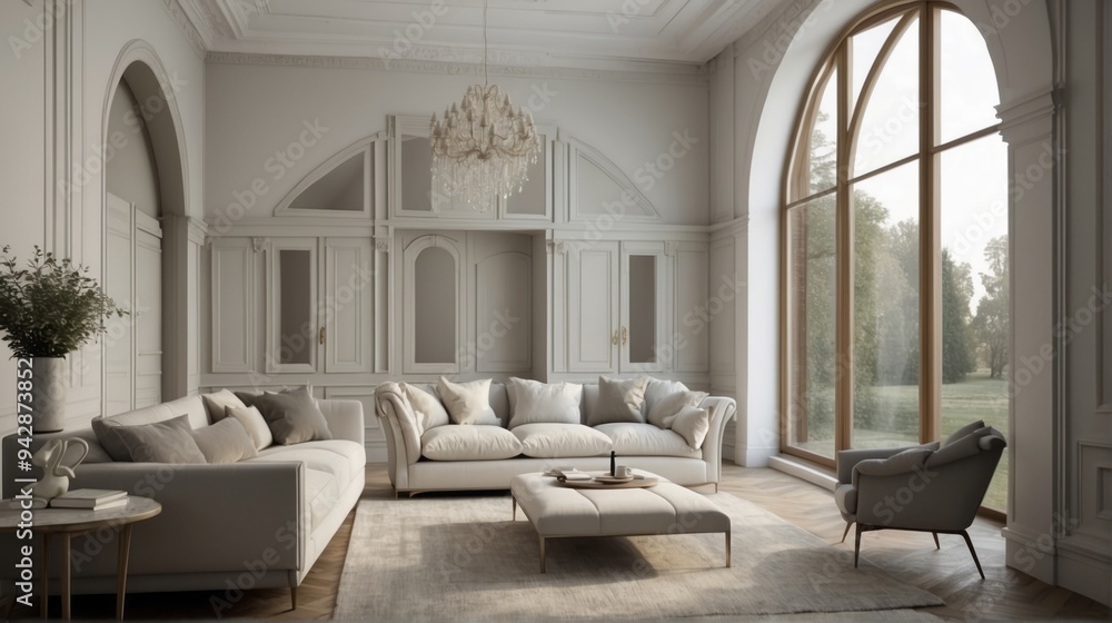 Elegant Living Room with White Couches, a Chandelier, and Large Windows Elegant Living Room with White Couches, a Chandelier, and Large Windows