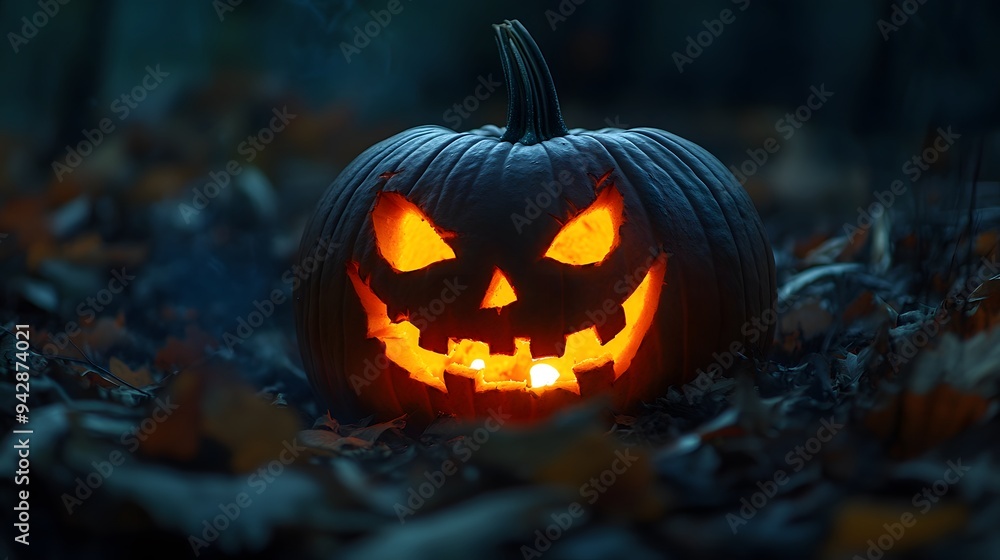 Fototapeta premium Creatively carved pumpkin glowing with an eerie face on a dark autumn night