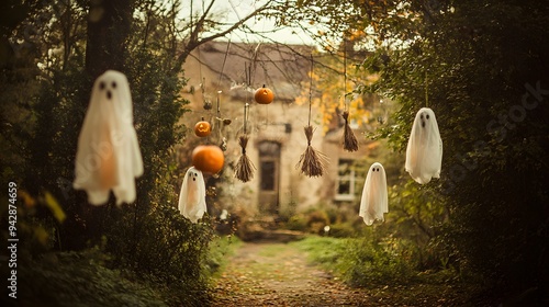 Floating Halloween decorations featuring ghostly figures and witches' brooms photo