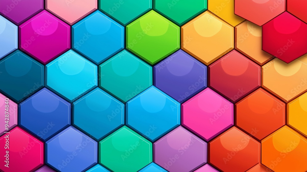 A colorful hexagonal pattern with a rainbow of colors. The pattern is made up of many small squares, each with a different color. Scene is bright and cheerful A colorful hexagonal pattern with a rainbow of colors. The pattern is made up of many small squares, each with a different color. Scene is bright and cheerful