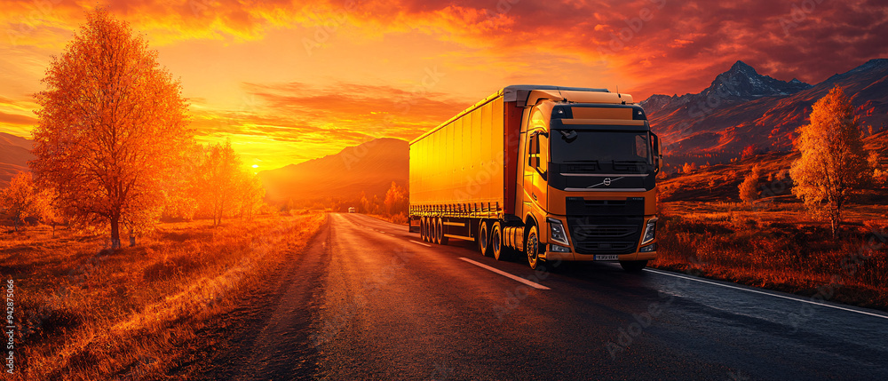 A vibrant sunset scene with a truck on a deserted road, surrounded by autumn trees and mountains, symbolizing adventure and freedom. A vibrant sunset scene with a truck on a deserted road, surrounded by autumn trees and mountains, symbolizing adventure and freedom.