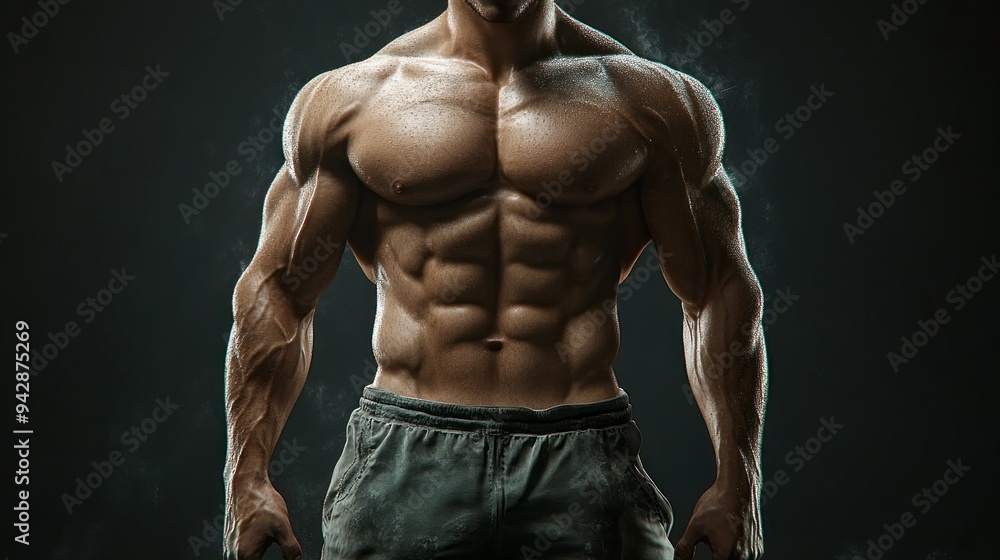 A man with a muscular body is standing in front of a dark background A man with a muscular body is standing in front of a dark background
