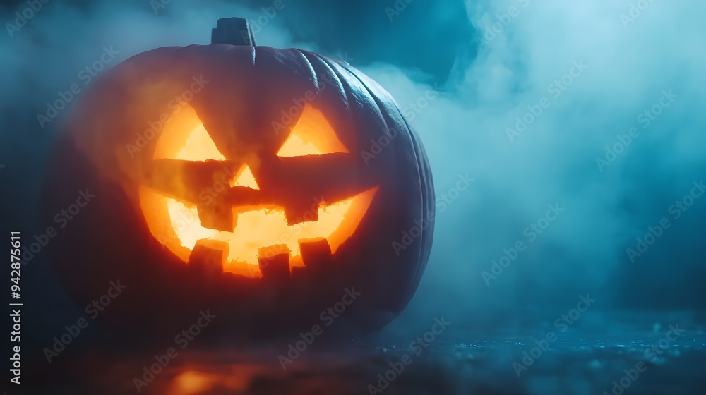Creatively carved pumpkin with a spooky face glowing on a foggy night Creatively carved pumpkin with a spooky face glowing on a foggy night
