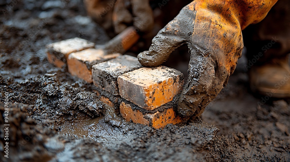 Fototapeta premium A worker carefully placing a brick on a wall, with a hammer and other tools by their side 