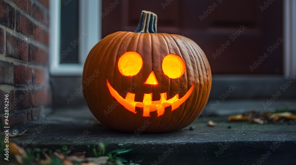 Creatively carved pumpkin with glowing eyes placed on a doorstep Creatively carved pumpkin with glowing eyes placed on a doorstep