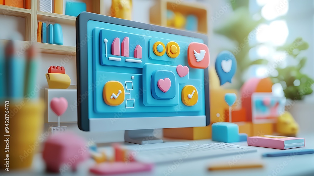 A computer desktop comes alive with social media icons and charts, a hub of digital interaction and analysis. A computer desktop comes alive with social media icons and charts, a hub of digital interaction and analysis.