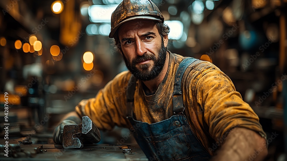 A skilled laborer in a workshop, focusing intensely while using a hammer on a metal workpiece A skilled laborer in a workshop, focusing intensely while using a hammer on a metal workpiece