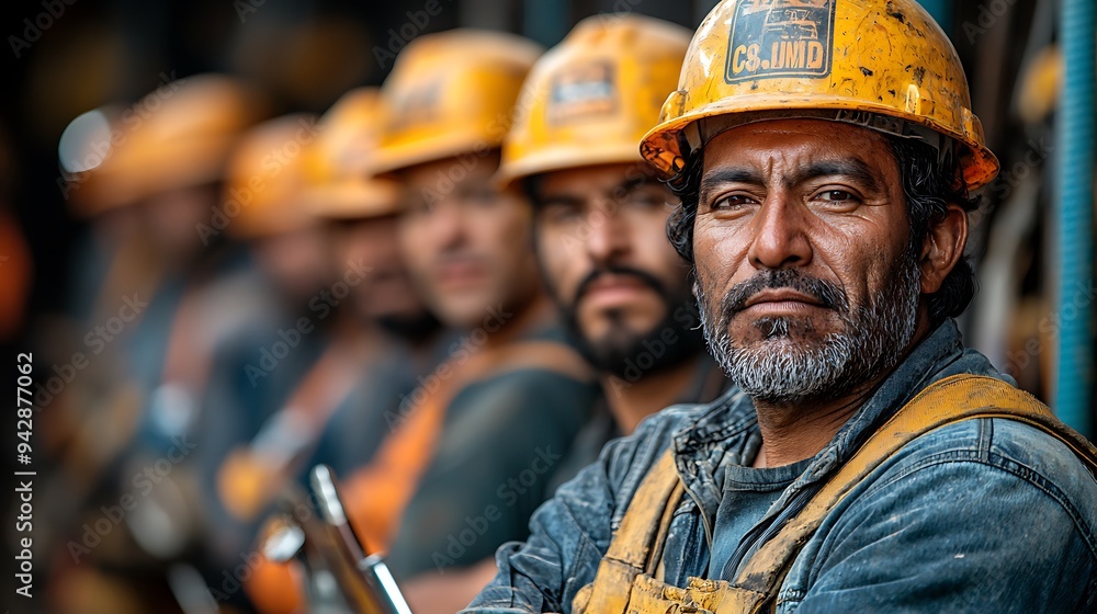 A line of workers, all wearing safety helmets and holding tools, standing united in front of a construction site A line of workers, all wearing safety helmets and holding tools, standing united in front of a construction site