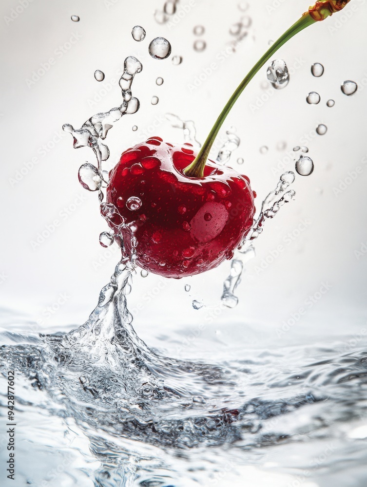 Naklejka premium Islated white background, cherry water splashes captured around it.