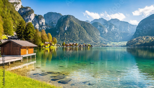 Crystal clear water and Alps in the background with the bungalow on water photo