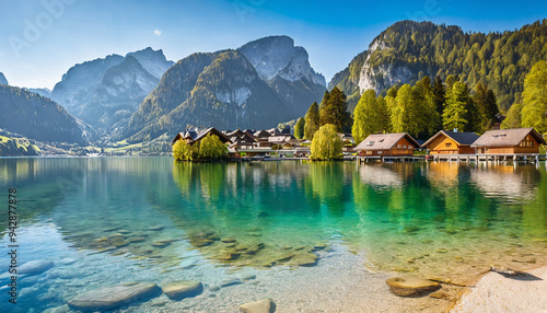 Crystal clear water and Alps in the background with the bungalow on water photo