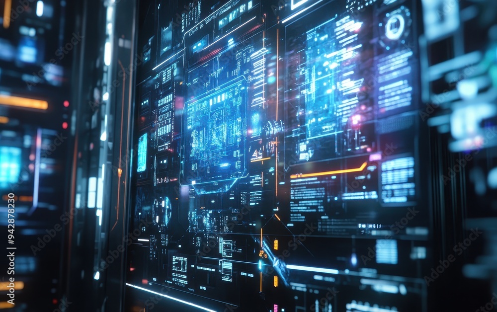 Futuristic Digital Interface with Glowing Blue and Orange Lines and Data on Multiple Screens. Futuristic Digital Interface with Glowing Blue and Orange Lines and Data on Multiple Screens.